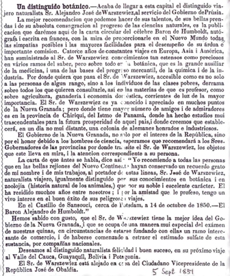 1851 m. rugsėjo 5 d. „El Neo-Granadino“ numeryje spausdinto straipsnio apie Juozapą Varševičių faksimilė