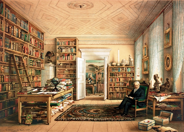 „Aleksandras fon Humboltas savo bibliotekoje“ – tai dailininko Eduardo Hildebranto akvarelės chromolitografinė kopija, 1856 m. (Berlynas: Storch & Kramer) [Graphic Arts Collection]