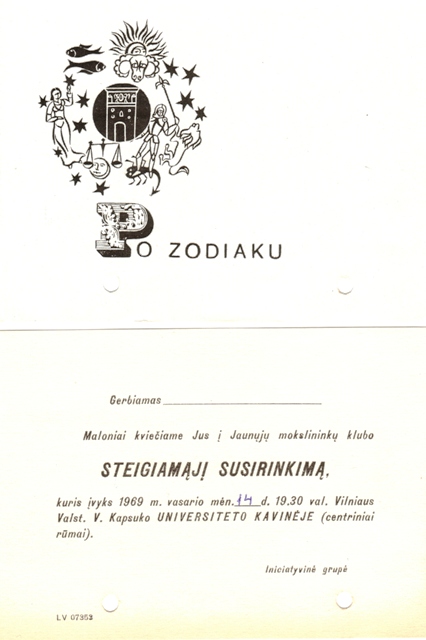 Dailininko Vytauto Kalinausko sukurtas kvietimas į steigiamąjį klubo „Po Zodiaku“ susirinkimą