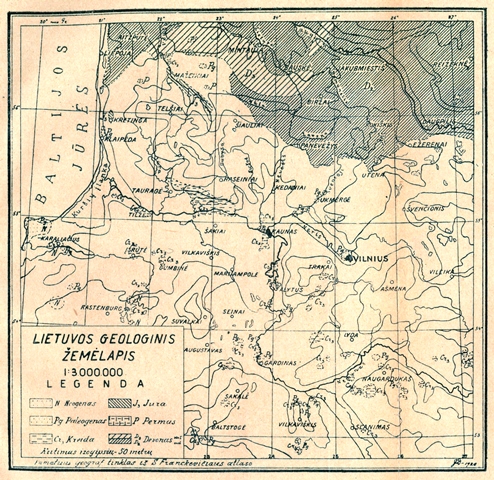 Juozo Dalinkevičiaus pirmasis „Kosmos“ žurnale skelbtas Lietuvos geologinis žemėlapis masteliu 1:3 000 000, pažymėtas „JD 1926“ Juozo Dalinkevičiaus pirmasis „Kosmos“ žurnale skelbtas Lietuvos geologinis žemėlapis masteliu 1:3 000 000, pažymėtas „JD 1926“