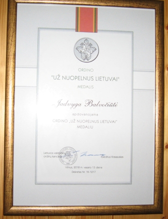 Pažymėjimas apie apdovanojimą ordino „Už nuopelnus Lietuvai“ medaliu (2018)